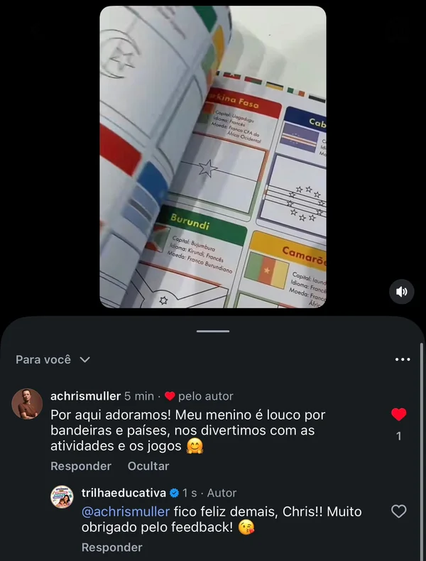 Depoimento real de @achrismuller no Instagram: Por aqui adoramos! Meu menino é louco por bandeiras e países, nos divertimos com as atividades e os jogos