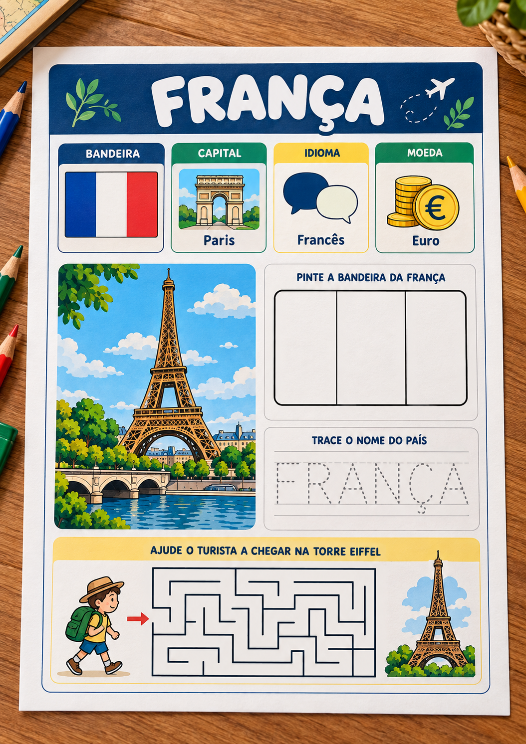Atividade sobre a França com bandeira, mapa da Europa e missões