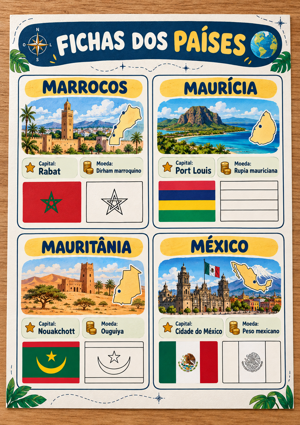 Fichas de países com bandeiras para colorir