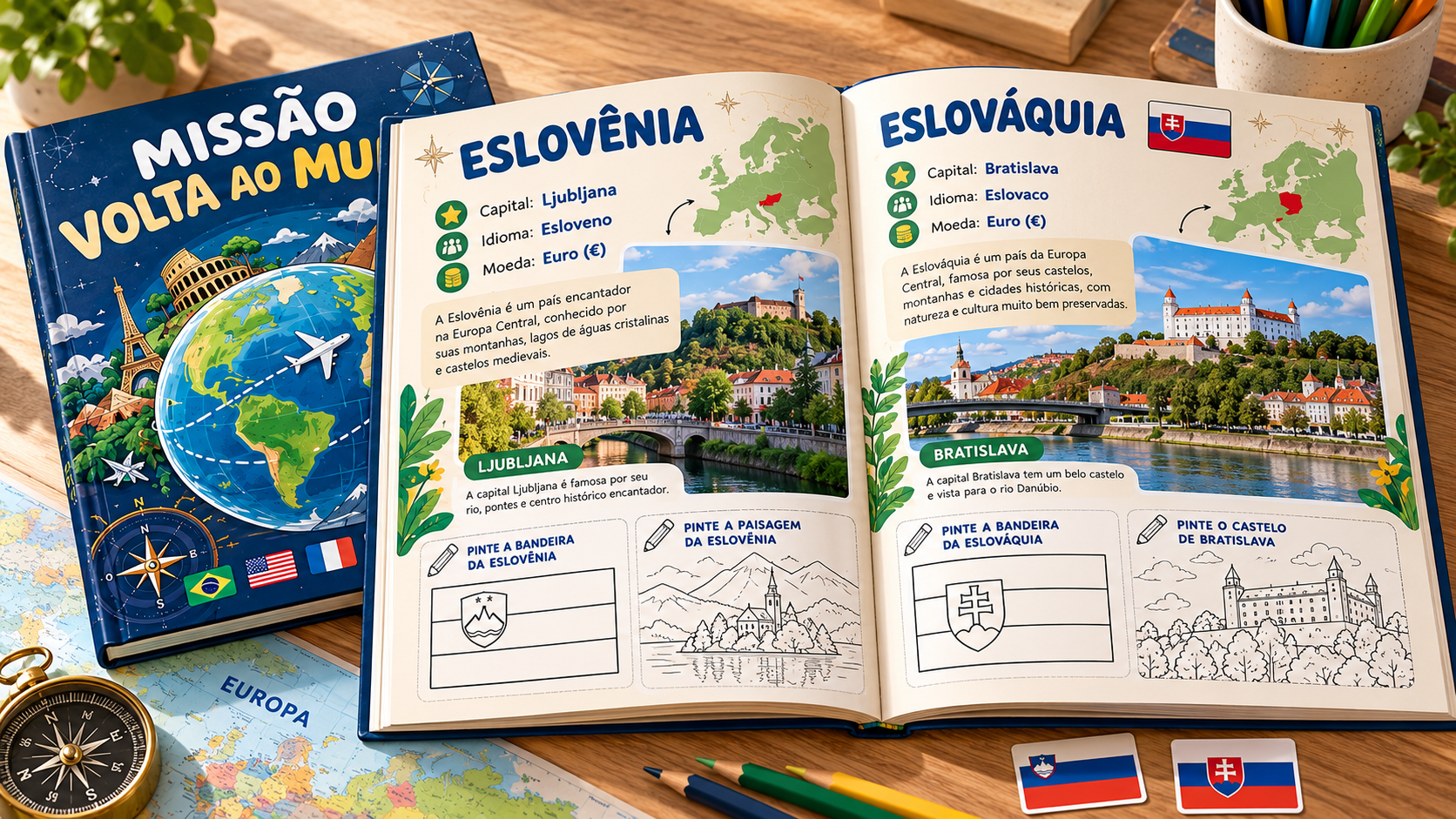 Páginas internas do Livro Expedição Volta ao Mundo com países, bandeiras, capitais, idiomas e moedas