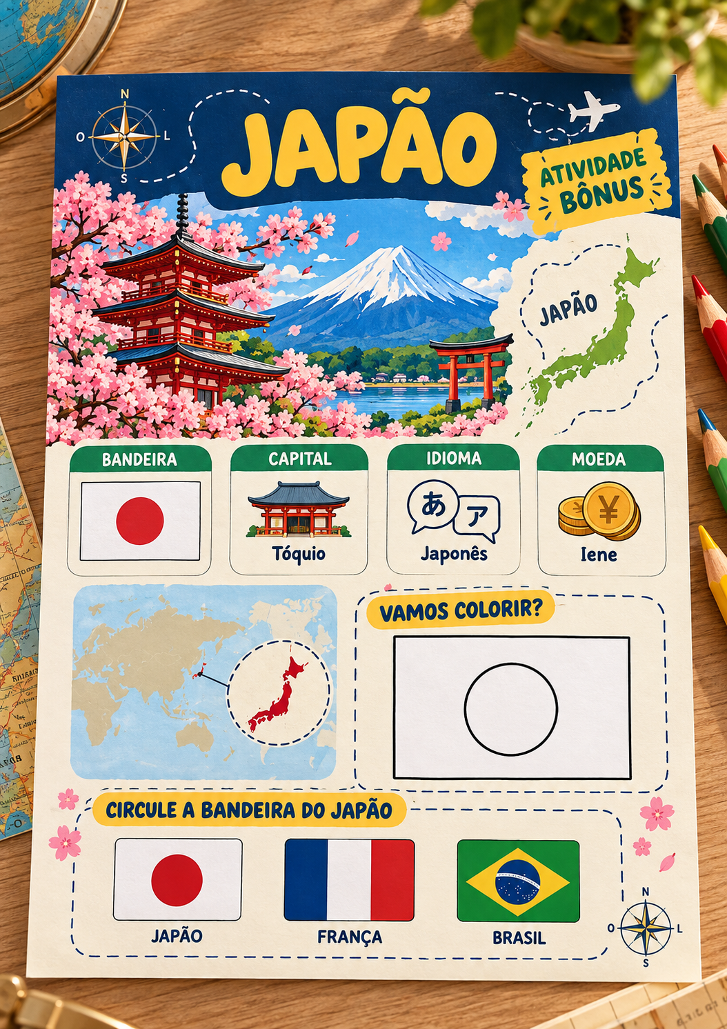 Folha de atividades bônus sobre o Japão com bandeira, informações do país e exercícios