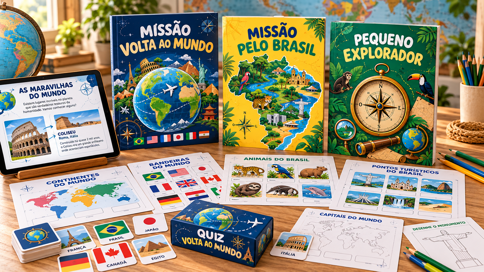 Coleção Expedição Volta ao Mundo: livros, atividades impressas, jogos e versão digital no tablet